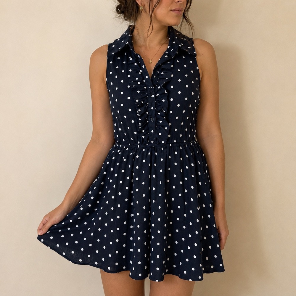 Bailey Blue Navy Polka Dot Mini Dress Ruffle Front Size Large Retro Rockabilly